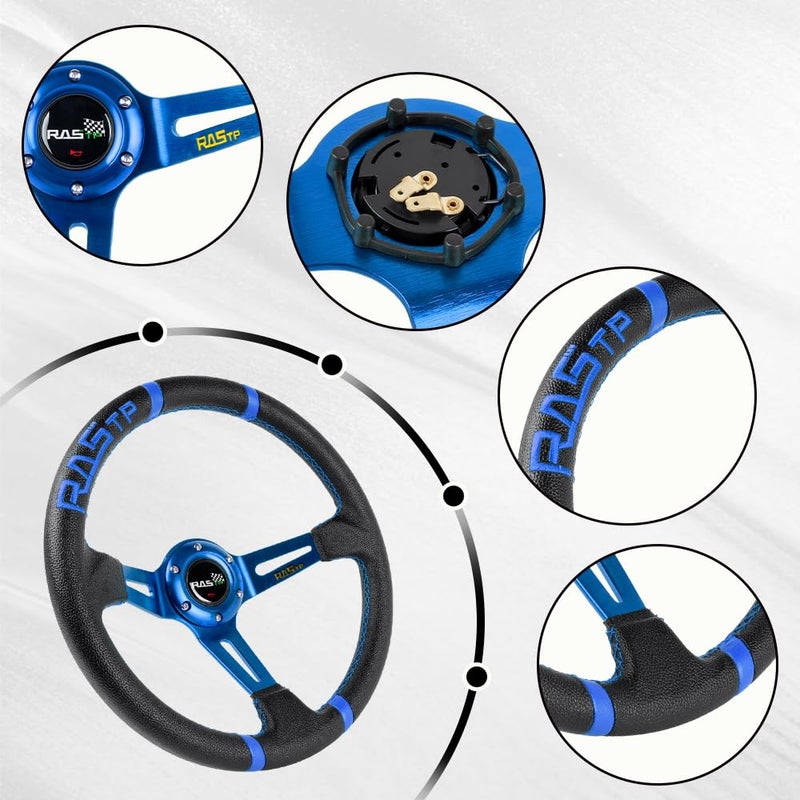 RASTP Universal Racing Steering Wheel,Deep Dish Steering Wheel Leather Embroidery 13.58â€/345mm 6 Bolts with Horn Button Include Cable, Wrench,Blue - Image 3